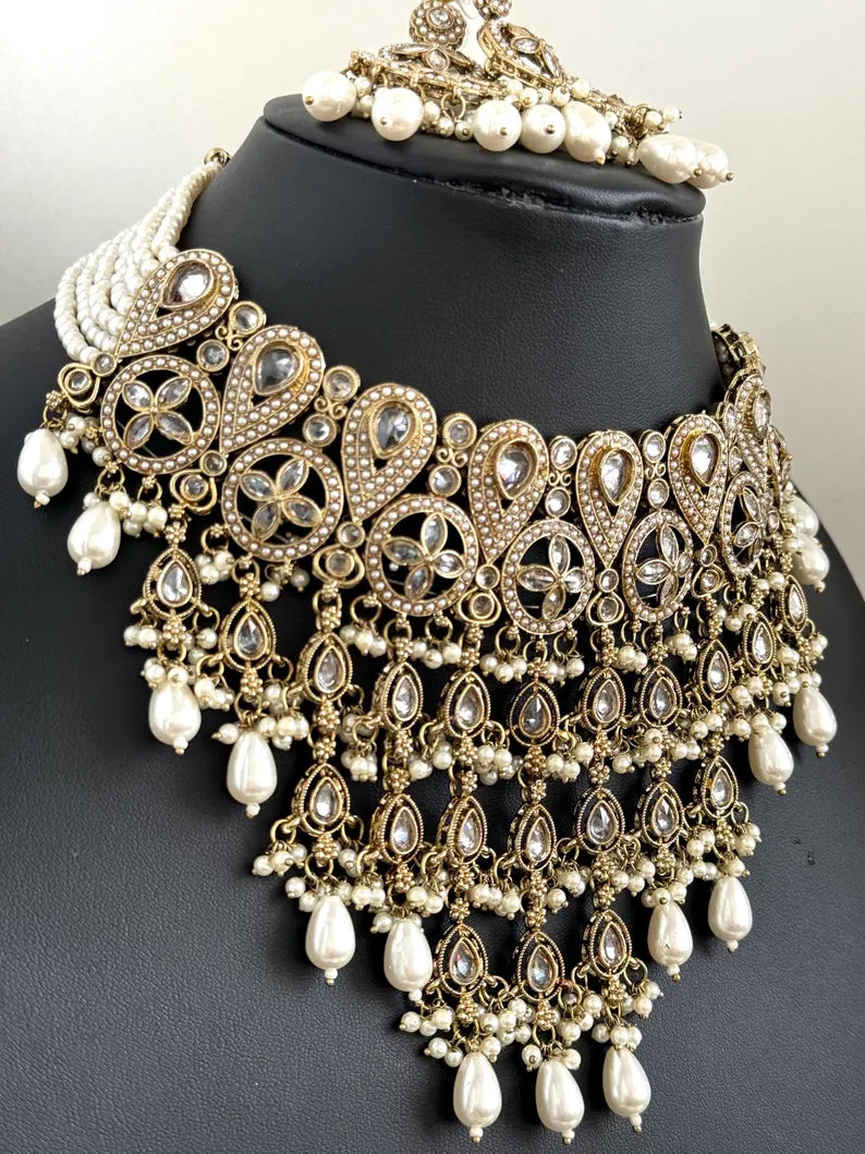 White Pearl Polki Kundan necklace set/Statement necklace Set/Indian Jewelry/Pakistani Jewelry set/Wedding necklace/Bridal necklace/Indian