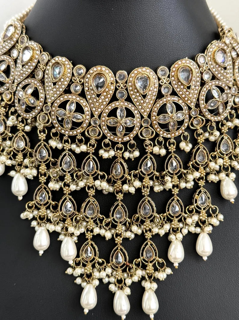 White Pearl Polki Kundan necklace set/Statement necklace Set/Indian Jewelry/Pakistani Jewelry set/Wedding necklace/Bridal necklace/Indian