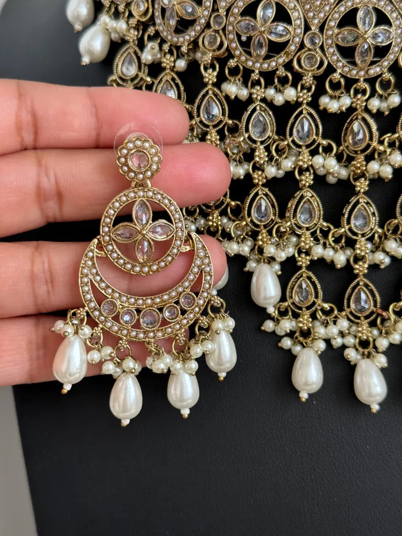 White Pearl Polki Kundan necklace set/Statement necklace Set/Indian Jewelry/Pakistani Jewelry set/Wedding necklace/Bridal necklace/Indian