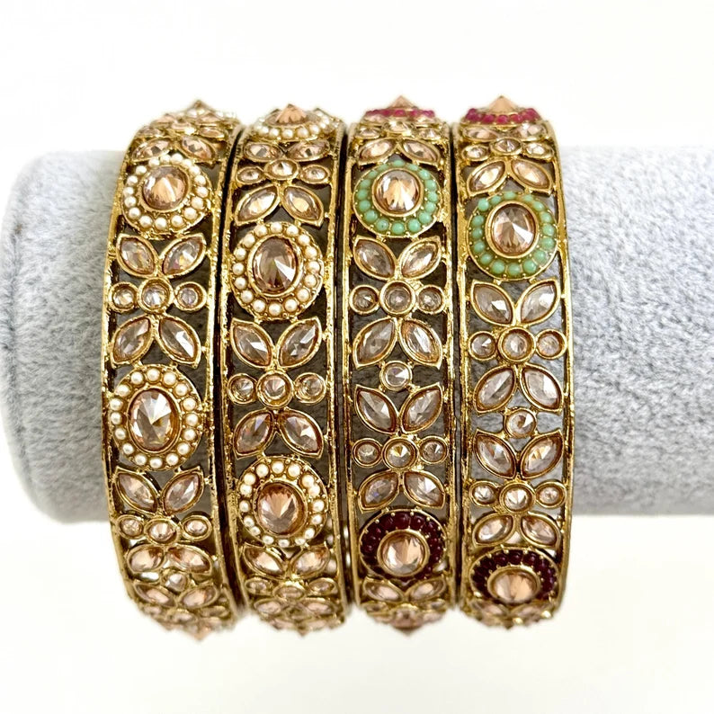 A Pair of Polki Pearl Kundan antique dull gold finish Bangles Pair /Punjabi bangles/Bridal bangles/Indian wedding jewelry/Pakistani/Kada