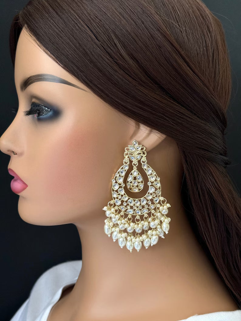 White gold Pearl Kundan chandbali Earrings, White chandbali earrings, Indian pakistani wedding jewelry, bridesmaid gift