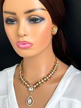 Multi Victorian Moissanite Necklace, Semi-precious muti stones Pendant Necklace, Indian Bridal Jewelry, Bollywood Sabyasachi Necklace
