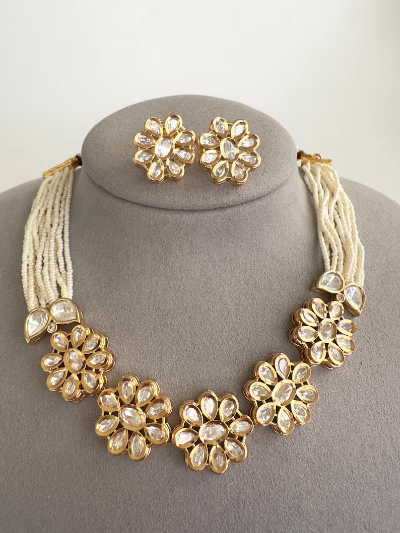 White Pearl Moissanite Kundan Necklace Choker set/Statement Choker Set/Indian Jewelry/Pakistani Jewelry/Wedding necklace/Bridal necklace