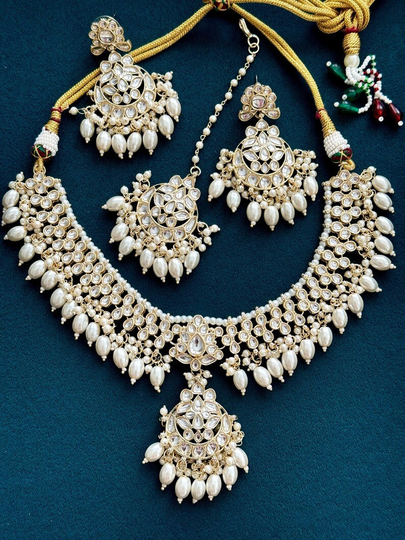 White Pearl Kundan Necklace Set/Kundan Bollywood Jewelry/Indian jewelry/ Pakistani necklace/ punjabi necklace/bridal necklace/indian wedding