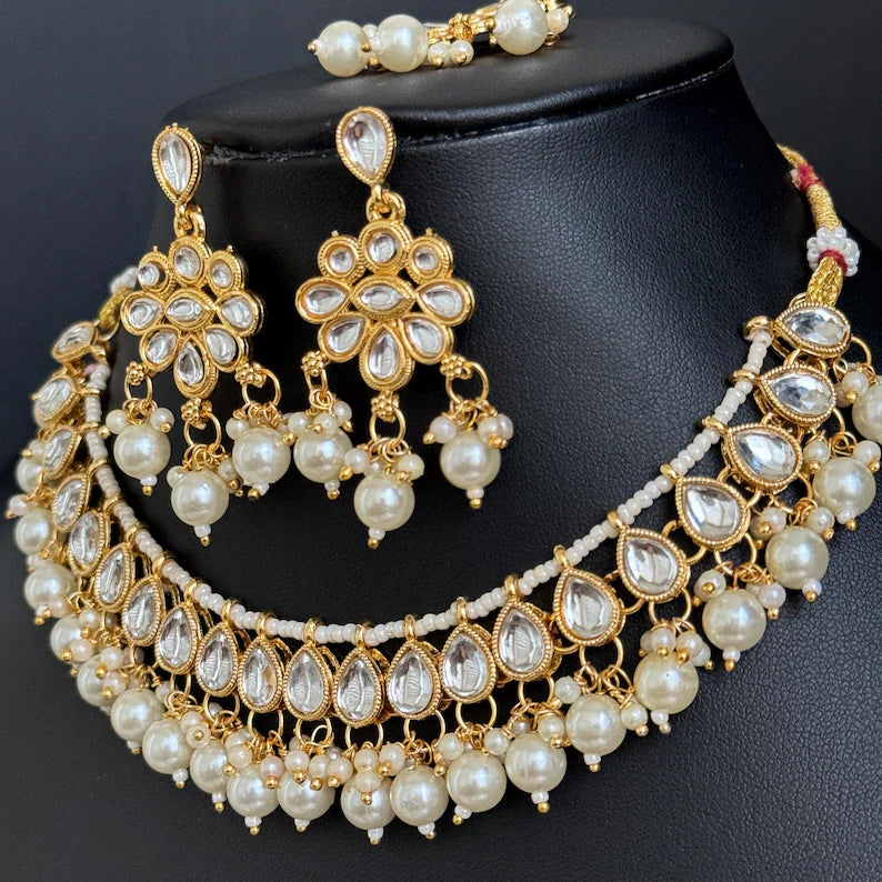 White Pearl Kundan Necklace Set/Kundan Choker/ Bollywood Jewelry/ Indian jewelry/ Pakistani necklace/ punjabi necklace/bridal/indian wedding