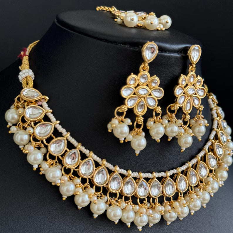 White Pearl Kundan Necklace Set/Kundan Choker/ Bollywood Jewelry/ Indian jewelry/ Pakistani necklace/ punjabi necklace/bridal/indian wedding