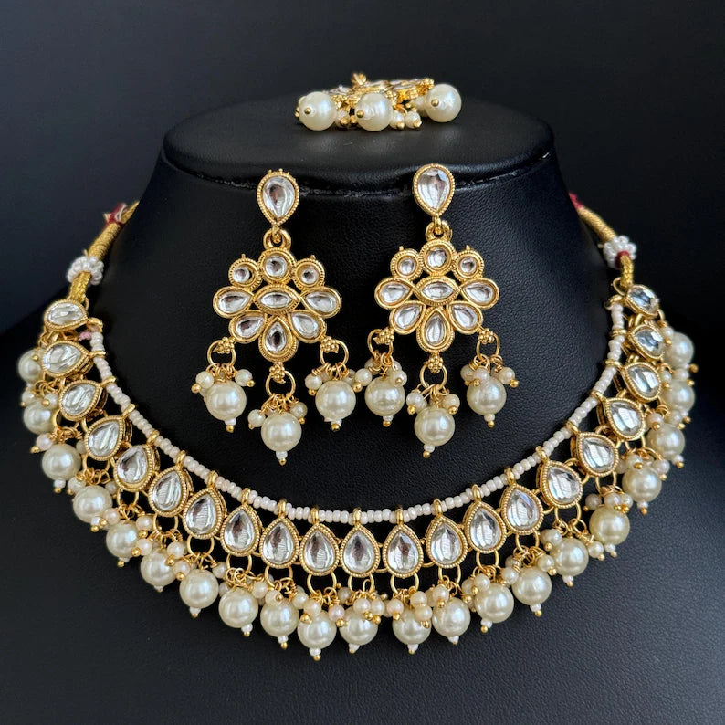 White Pearl Kundan Necklace Set/Kundan Choker/ Bollywood Jewelry/ Indian jewelry/ Pakistani necklace/ punjabi necklace/bridal/indian wedding