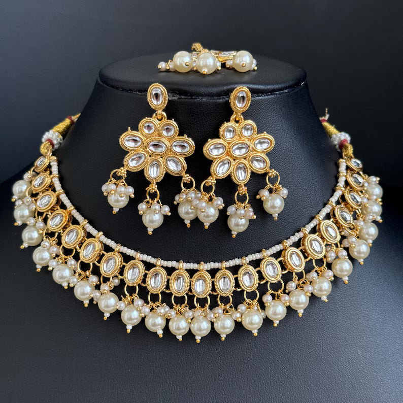 White Pearl Kundan Necklace Set/Kundan Choker/ Bollywood Jewelry/ Indian jewelry/ Pakistani necklace/ punjabi necklace/bridal/indian wedding