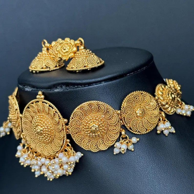 Antique Choker Necklace With Gold Plating, South Indian Jewelry Temple Jewelry Guttapusalu Necklace Wedding necklace, Bridal Indian necklace
