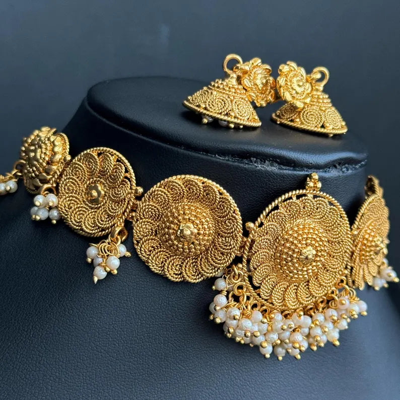 Antique Choker Necklace With Gold Plating, South Indian Jewelry Temple Jewelry Guttapusalu Necklace Wedding necklace, Bridal Indian necklace