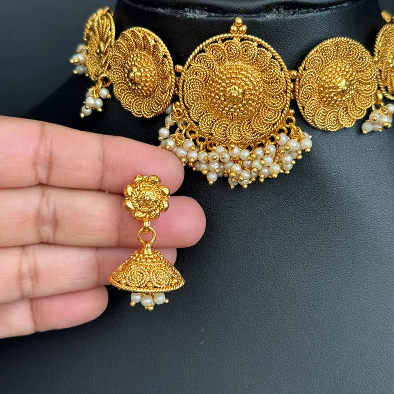 Antique Choker Necklace With Gold Plating, South Indian Jewelry Temple Jewelry Guttapusalu Necklace Wedding necklace, Bridal Indian necklace