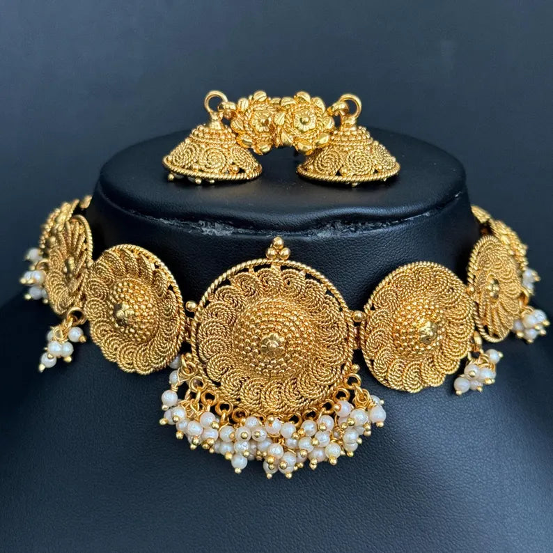Antique Choker Necklace With Gold Plating, South Indian Jewelry Temple Jewelry Guttapusalu Necklace Wedding necklace, Bridal Indian necklace