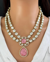 Pink Doublet Victorian Moissanite Layered Necklace, Semi-precious Pendant Necklace, Indian Bridal Jewelry, Bollywood Sabyasachi Necklace