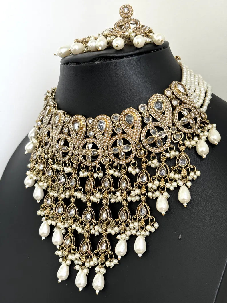 White Pearl Polki Kundan necklace set/Statement necklace Set/Indian Jewelry/Pakistani Jewelry set/Wedding necklace/Bridal necklace/Indian