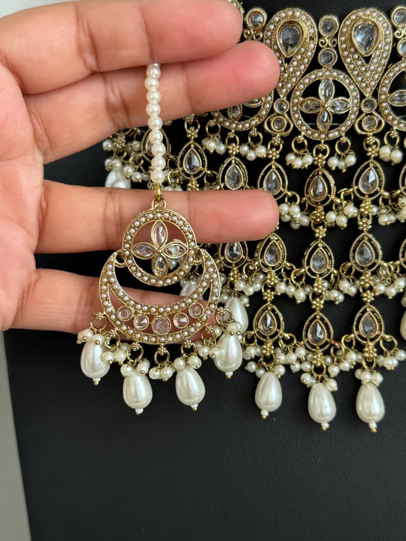 White Pearl Polki Kundan necklace set/Statement necklace Set/Indian Jewelry/Pakistani Jewelry set/Wedding necklace/Bridal necklace/Indian