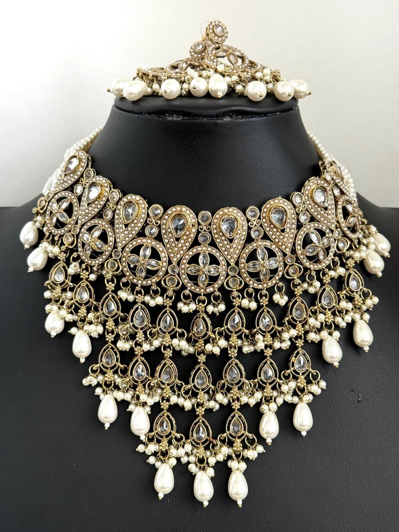 White Pearl Polki Kundan necklace set/Statement necklace Set/Indian Jewelry/Pakistani Jewelry set/Wedding necklace/Bridal necklace/Indian