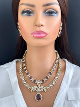 Purple Victorian Moissanite Polki CZ Diamond Layered Necklace, Semi-precious Pendant Necklace, Indian Bridal Jewelry,Sabyasachi Necklace