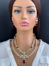 Navaratan Victorian Moissanite Polki CZ Diamond Layered Necklace, Semi-precious Pendant Necklace, Indian Bridal Jewelry,Sabyasachi Necklace
