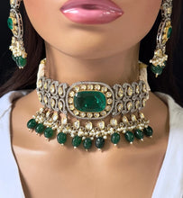Green Premium Dual Tone Uncut Polki Kundan Necklace - Sabyasachi Inspired Fine Jewelry, Indian Bollywood Celebrity Style Kundan Necklace