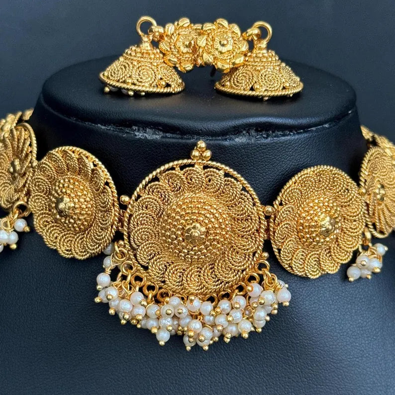 Antique Choker Necklace With Gold Plating, South Indian Jewelry Temple Jewelry Guttapusalu Necklace Wedding necklace, Bridal Indian necklace