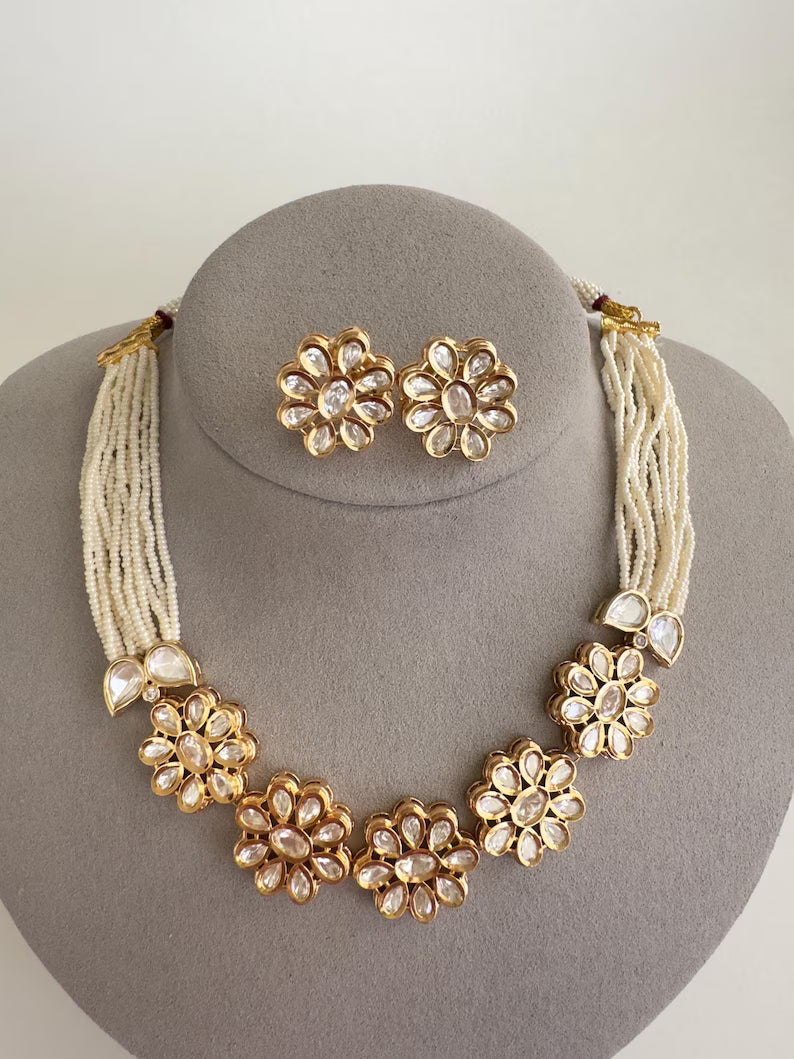White Pearl Moissanite Kundan Necklace Choker set/Statement Choker Set/Indian Jewelry/Pakistani Jewelry/Wedding necklace/Bridal necklace