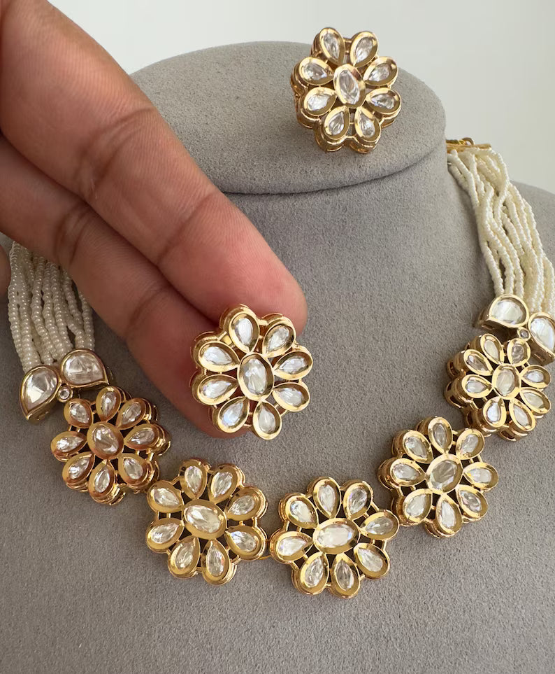 White Pearl Moissanite Kundan Necklace Choker set/Statement Choker Set/Indian Jewelry/Pakistani Jewelry/Wedding necklace/Bridal necklace
