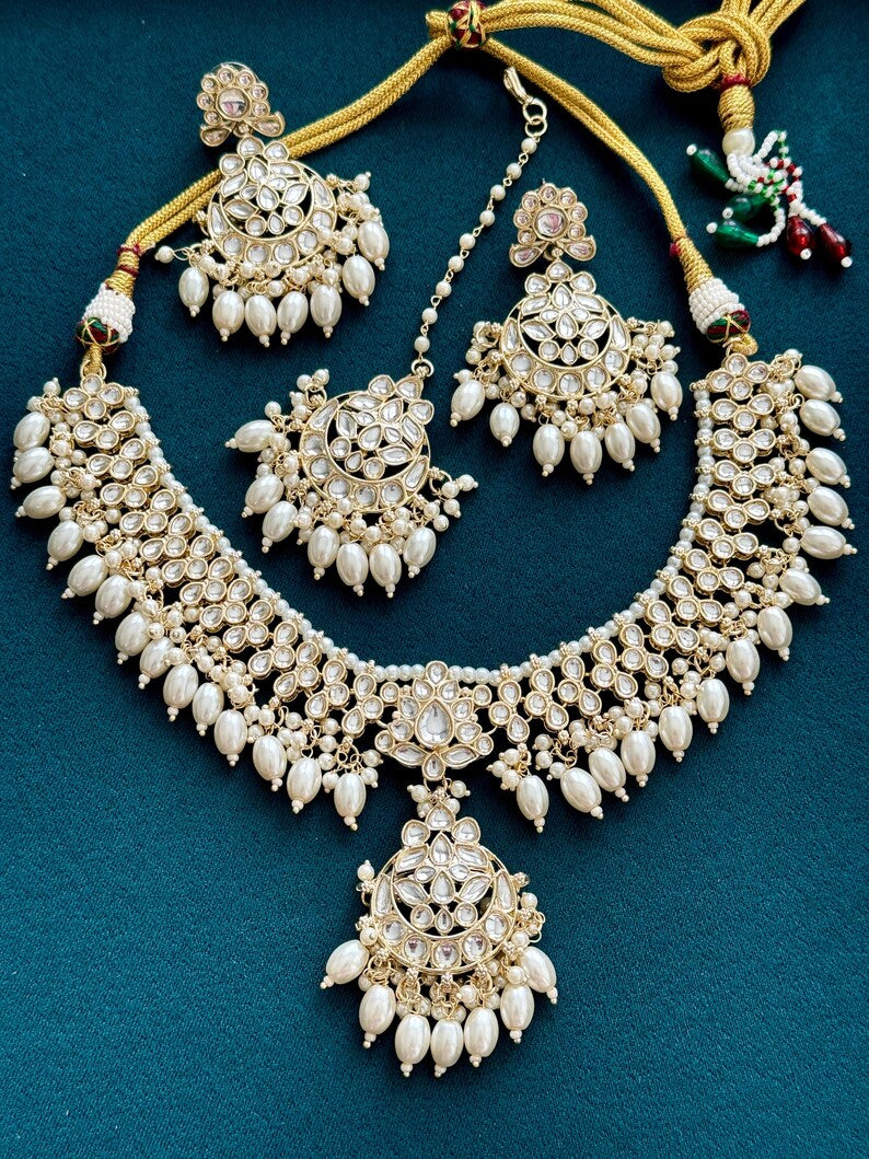 White Pearl Kundan Necklace Set/Kundan Bollywood Jewelry/Indian jewelry/ Pakistani necklace/ punjabi necklace/bridal necklace/indian wedding