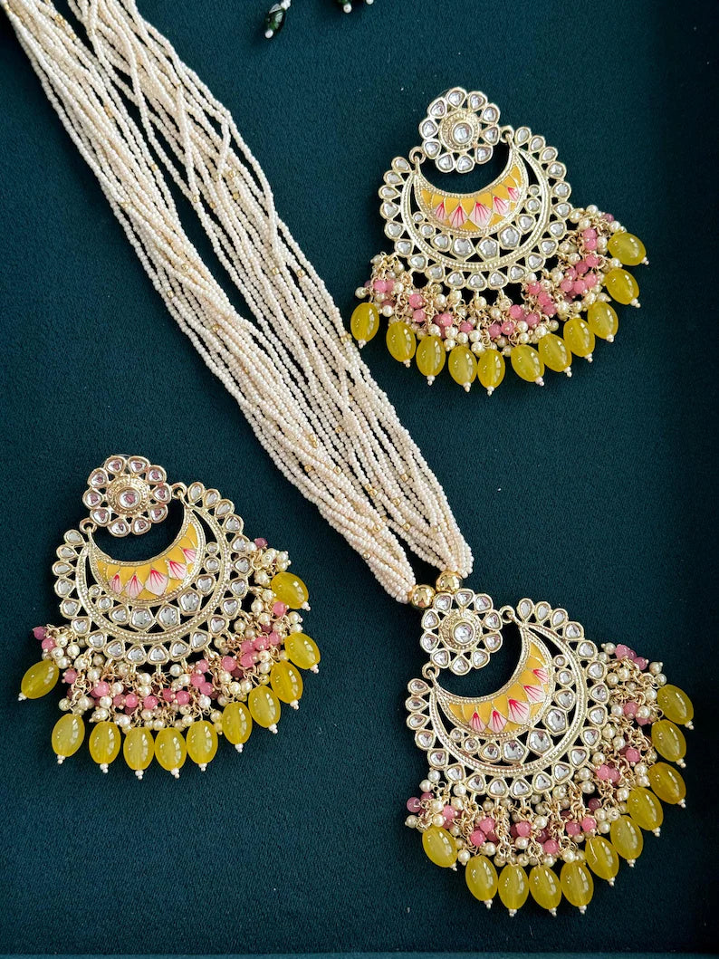 Yellow Kundan Meenakari long necklace/Indian jewelry/Kundan rani haar/Mala necklace set/Indian Wedding/Bridal Necklace/Punjabi/Pakistani