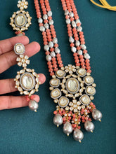Peachy Pink Premium Quality Victorian Polki Kundan Necklace/Indian Long Necklace/Statement Long/Traditional Long Mala/Semi Precious Necklace