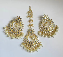 Gold Kundan Tikka w/Earring Set Indian Bridal Maang Tikka Teeka Tika Headpiece Handmade Pearl Jewelry For Women Bollywood Bridesmaid Gifts