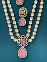 Pink Doublet Victorian Moissanite Layered Necklace, Semi-precious Pendant Necklace, Indian Bridal Jewelry, Bollywood Sabyasachi Necklace