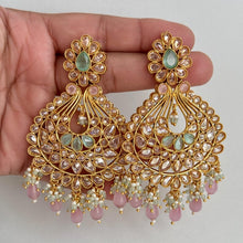 Long Gold Polki Kundan chandbali Indian Pakistani Earrings, Antique Chand Earring With Gold Plating, Oversized gold earrings, Indian earring