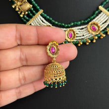 RubyGreen Gold plated traditional Necklace, Indian wedding collection, Indian Pakistani jewelry, Indian beads necklace, Temple jewelry