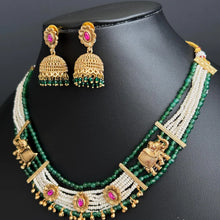 RubyGreen Gold plated traditional Necklace, Indian wedding collection, Indian Pakistani jewelry, Indian beads necklace, Temple jewelry