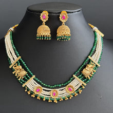 RubyGreen Gold plated traditional Necklace, Indian wedding collection, Indian Pakistani jewelry, Indian beads necklace, Temple jewelry