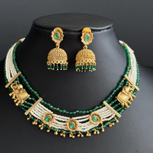 RubyGreen Gold plated traditional Necklace, Indian wedding collection, Indian Pakistani jewelry, Indian beads necklace, Temple jewelry