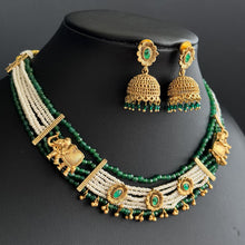 RubyGreen Gold plated traditional Necklace, Indian wedding collection, Indian Pakistani jewelry, Indian beads necklace, Temple jewelry