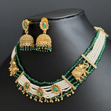 RubyGreen Gold plated traditional Necklace, Indian wedding collection, Indian Pakistani jewelry, Indian beads necklace, Temple jewelry