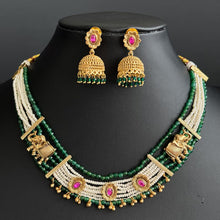 RubyGreen Gold plated traditional Necklace, Indian wedding collection, Indian Pakistani jewelry, Indian beads necklace, Temple jewelry