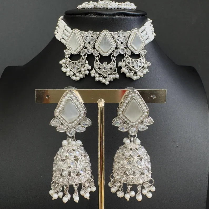 White Silver Polki Kundan necklace/Statement necklace/Indian Jewelry/Pakistani Jewelry set/Weddings necklace/Bridal necklace/Indian necklace