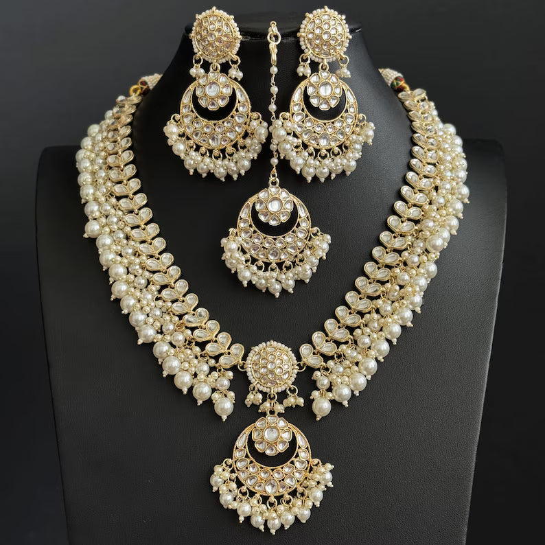 White Pearl Kundan Necklace Set/ Kundan Jewelry/ Bollywood Jewelry/ Indian Jewelry/ Pakistani necklace/Punjabi/bridal /Indian wedding