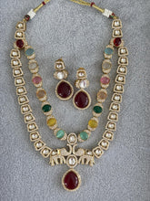 Navaratan Victorian Moissanite Polki CZ Diamond Layered Necklace, Semi-precious Pendant Necklace, Indian Bridal Jewelry,Sabyasachi Necklace
