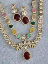 Navaratan Victorian Moissanite Polki CZ Diamond Layered Necklace, Semi-precious Pendant Necklace, Indian Bridal Jewelry,Sabyasachi Necklace
