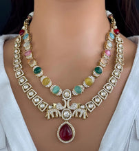 Navaratan Victorian Moissanite Polki CZ Diamond Layered Necklace, Semi-precious Pendant Necklace, Indian Bridal Jewelry,Sabyasachi Necklace