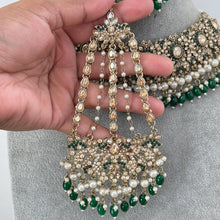 Green Antique Shadow Stone Pearl Choker Necklace with earrings and tikka and Passa Bridal necklace Indian Pakistani Punjabi Wedding Jewelry