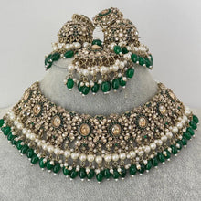 Green Antique Shadow Stone Pearl Choker Necklace with earrings and tikka and Passa Bridal necklace Indian Pakistani Punjabi Wedding Jewelry