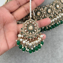 Green Antique Shadow Stone Pearl Choker Necklace with earrings and tikka and Passa Bridal necklace Indian Pakistani Punjabi Wedding Jewelry