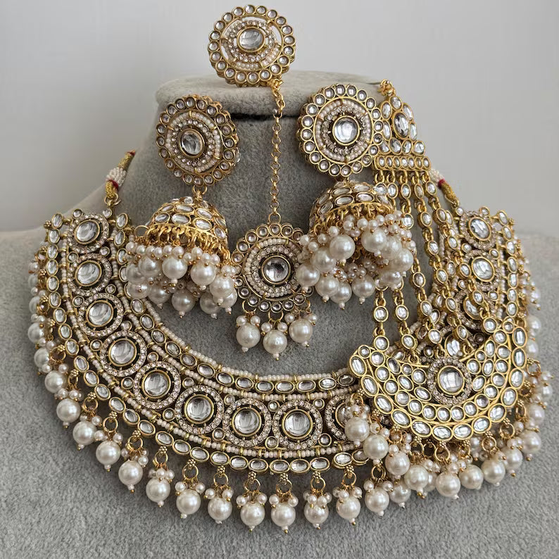 White Gold Kundan Pearl Necklace with earrings, tikka, Passa, and Ring, Bridal necklace Indian Pakistani Punjabi Wedding Jewelry