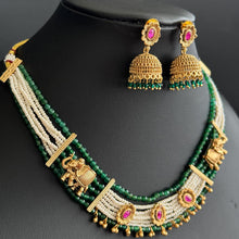RubyGreen Gold plated traditional Necklace, Indian wedding collection, Indian Pakistani jewelry, Indian beads necklace, Temple jewelry