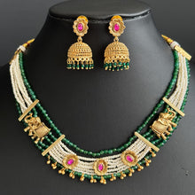 RubyGreen Gold plated traditional Necklace, Indian wedding collection, Indian Pakistani jewelry, Indian beads necklace, Temple jewelry